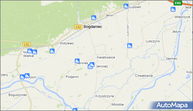 mapa Kwiatkowice gmina Bogdaniec, Kwiatkowice gmina Bogdaniec na mapie Targeo