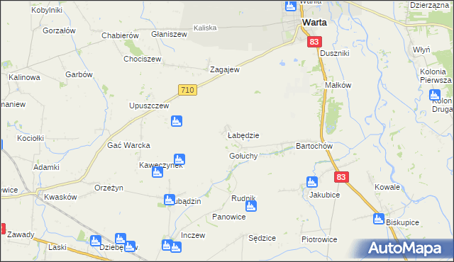 mapa Łabędzie gmina Warta, Łabędzie gmina Warta na mapie Targeo