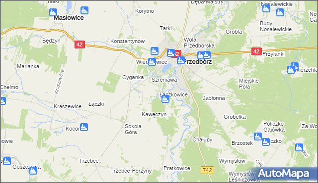 mapa Łączkowice gmina Masłowice, Łączkowice gmina Masłowice na mapie Targeo