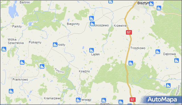 mapa Lądek gmina Bisztynek, Lądek gmina Bisztynek na mapie Targeo