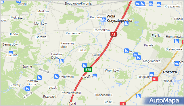 mapa Laski gmina Wola Krzysztoporska, Laski gmina Wola Krzysztoporska na mapie Targeo