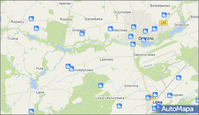 mapa Laskowo gmina Lipka, Laskowo gmina Lipka na mapie Targeo