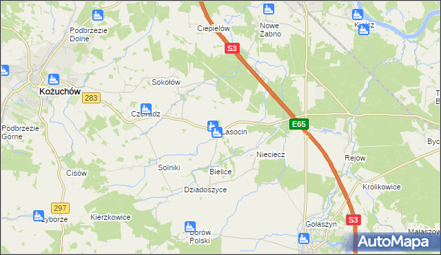 mapa Lasocin gmina Kożuchów, Lasocin gmina Kożuchów na mapie Targeo