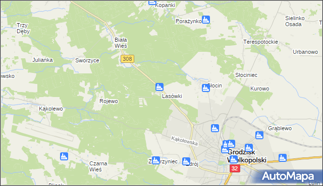 mapa Lasówki gmina Grodzisk Wielkopolski, Lasówki gmina Grodzisk Wielkopolski na mapie Targeo