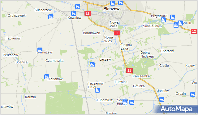 mapa Łaszew gmina Pleszew, Łaszew gmina Pleszew na mapie Targeo