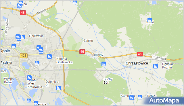 mapa Lędziny gmina Chrząstowice, Lędziny gmina Chrząstowice na mapie Targeo