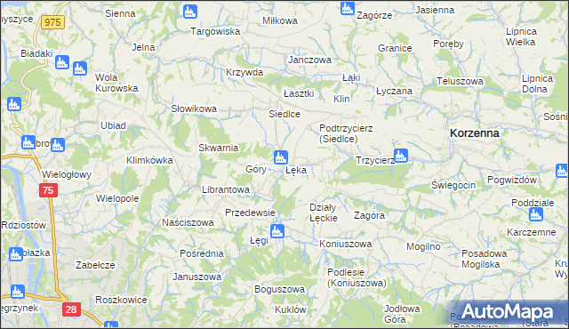 mapa Łęka gmina Korzenna, Łęka gmina Korzenna na mapie Targeo