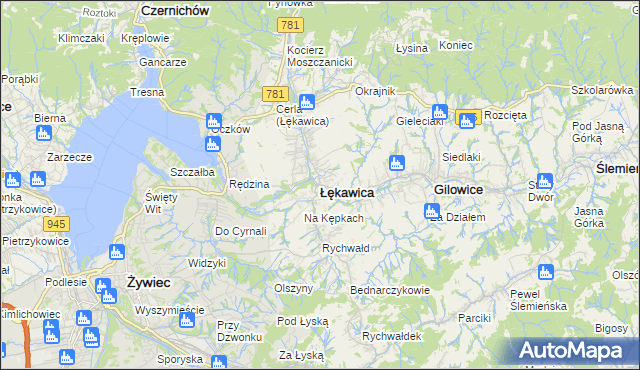 mapa Łękawica powiat żywiecki, Łękawica powiat żywiecki na mapie Targeo