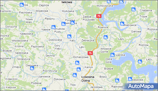 mapa Łęki gmina Łososina Dolna, Łęki gmina Łososina Dolna na mapie Targeo