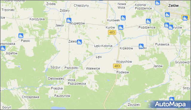 mapa Łęki gmina Zelów, Łęki gmina Zelów na mapie Targeo