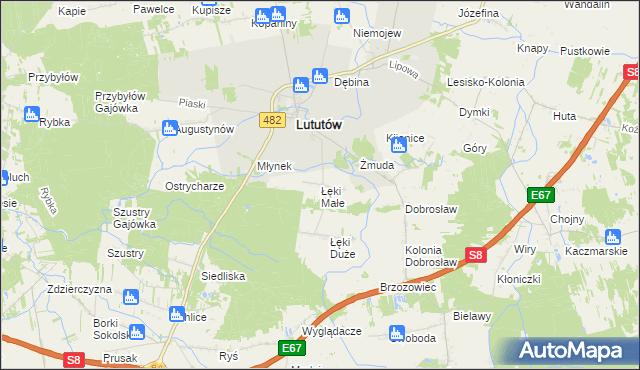 mapa Łęki Małe gmina Lututów, Łęki Małe gmina Lututów na mapie Targeo