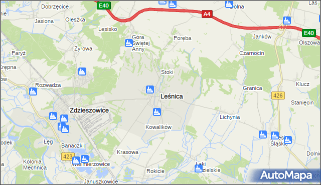 mapa Leśnica powiat strzelecki, Leśnica powiat strzelecki na mapie Targeo