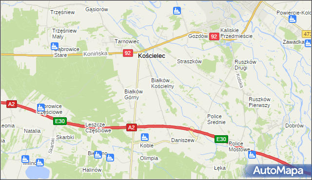 mapa Leszcze gmina Kościelec, Leszcze gmina Kościelec na mapie Targeo