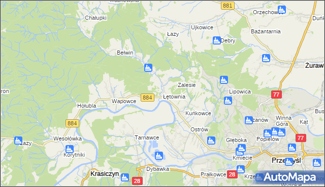 mapa Łętownia gmina Przemyśl, Łętownia gmina Przemyśl na mapie Targeo