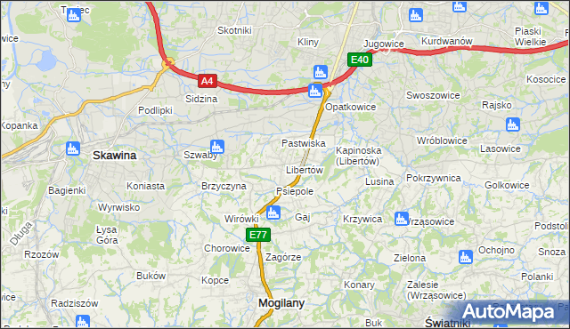 mapa Libertów gmina Mogilany, Libertów gmina Mogilany na mapie Targeo