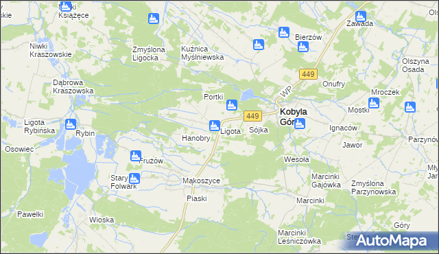 mapa Ligota gmina Kobyla Góra, Ligota gmina Kobyla Góra na mapie Targeo