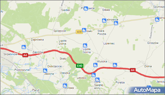 mapa Ligota Górna gmina Strzelce Opolskie, Ligota Górna gmina Strzelce Opolskie na mapie Targeo