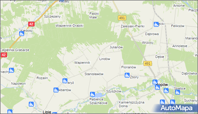 mapa Lindów gmina Lipie, Lindów gmina Lipie na mapie Targeo