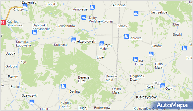 mapa Lipie gmina Kiełczygłów, Lipie gmina Kiełczygłów na mapie Targeo