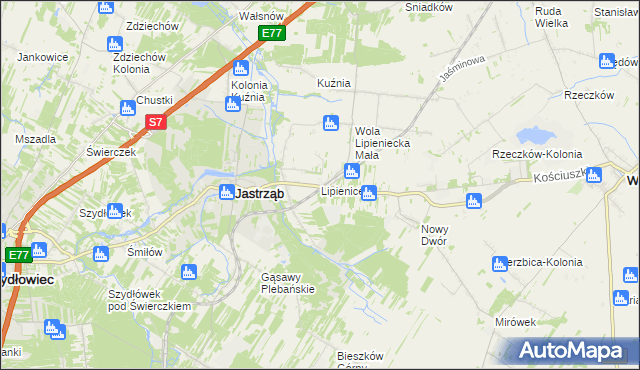 mapa Lipienice gmina Jastrząb, Lipienice gmina Jastrząb na mapie Targeo