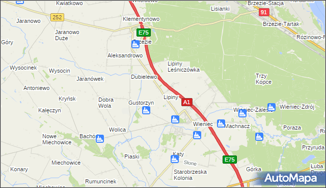 mapa Lipiny gmina Brześć Kujawski, Lipiny gmina Brześć Kujawski na mapie Targeo