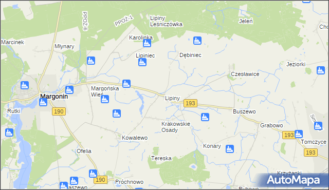 mapa Lipiny gmina Margonin, Lipiny gmina Margonin na mapie Targeo