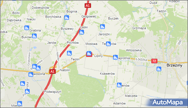 mapa Lipiny gmina Nowosolna, Lipiny gmina Nowosolna na mapie Targeo