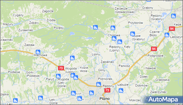 mapa Lipiny gmina Pilzno, Lipiny gmina Pilzno na mapie Targeo