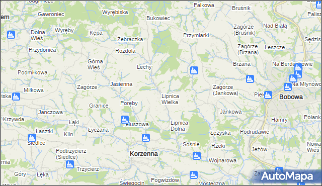 mapa Lipnica Wielka gmina Korzenna, Lipnica Wielka gmina Korzenna na mapie Targeo