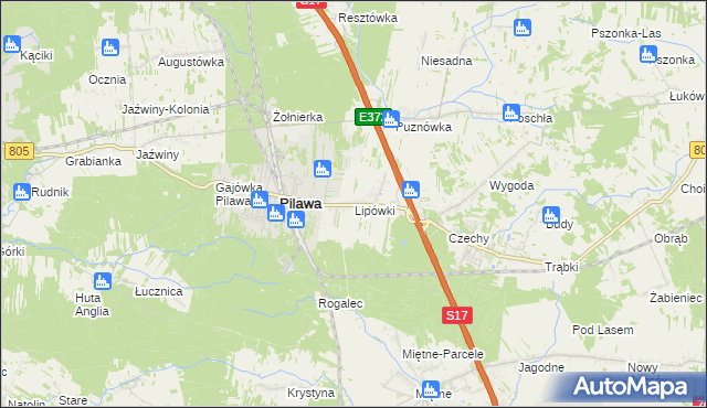 mapa Lipówki gmina Pilawa, Lipówki gmina Pilawa na mapie Targeo