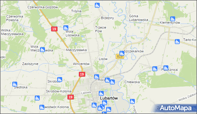 mapa Lisów gmina Lubartów, Lisów gmina Lubartów na mapie Targeo