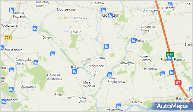 mapa Lisów gmina Promna, Lisów gmina Promna na mapie Targeo