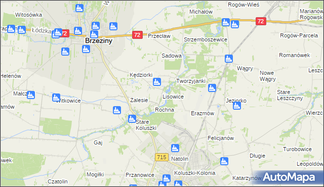 mapa Lisowice gmina Koluszki, Lisowice gmina Koluszki na mapie Targeo