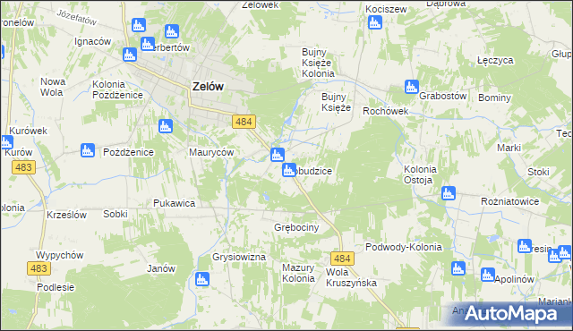 mapa Łobudzice gmina Zelów, Łobudzice gmina Zelów na mapie Targeo