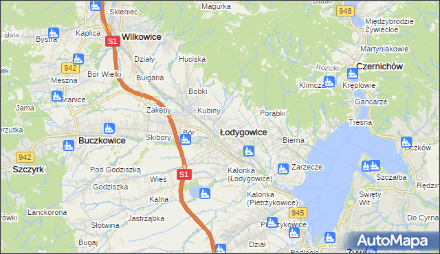 mapa Łodygowice powiat żywiecki, Łodygowice powiat żywiecki na mapie Targeo