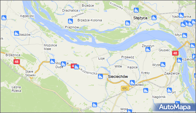 mapa Łoje gmina Sieciechów, Łoje gmina Sieciechów na mapie Targeo