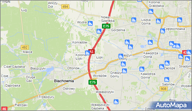 mapa Łojki gmina Blachownia, Łojki gmina Blachownia na mapie Targeo