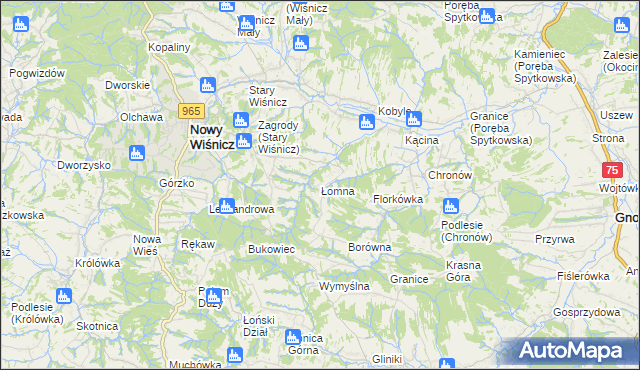 mapa Łomna gmina Nowy Wiśnicz, Łomna gmina Nowy Wiśnicz na mapie Targeo