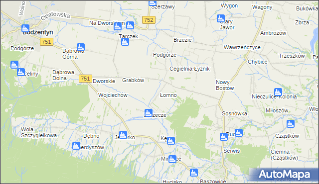 mapa Łomno gmina Pawłów, Łomno gmina Pawłów na mapie Targeo