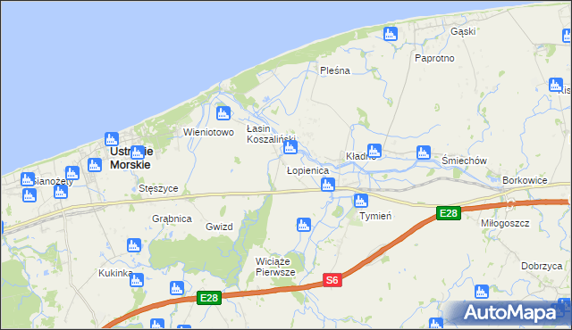 mapa Łopienica gmina Będzino, Łopienica gmina Będzino na mapie Targeo