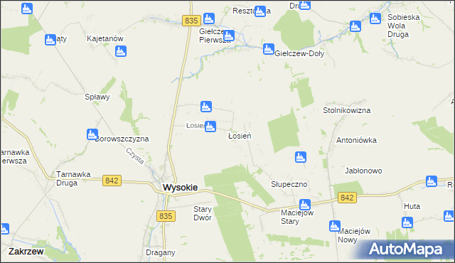 mapa Łosień gmina Wysokie, Łosień gmina Wysokie na mapie Targeo