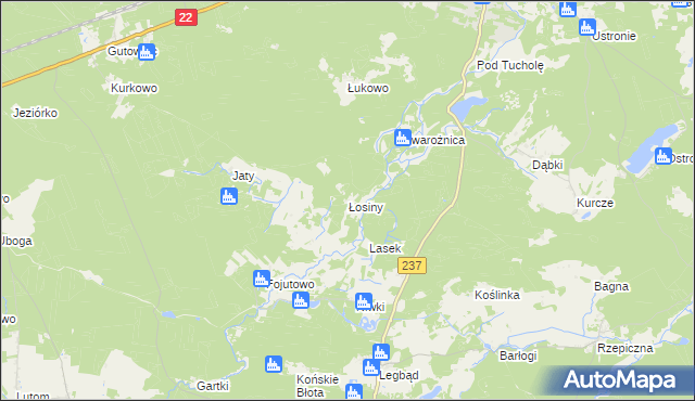 mapa Łosiny gmina Tuchola, Łosiny gmina Tuchola na mapie Targeo