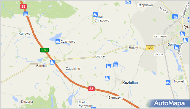 mapa Łozice gmina Kozielice, Łozice gmina Kozielice na mapie Targeo