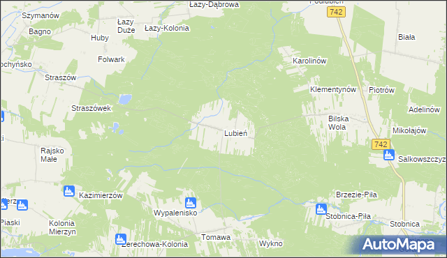 mapa Lubień gmina Rozprza, Lubień gmina Rozprza na mapie Targeo