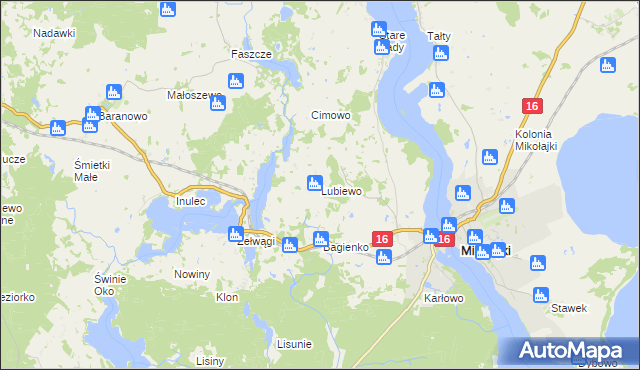 mapa Lubiewo gmina Mikołajki, Lubiewo gmina Mikołajki na mapie Targeo