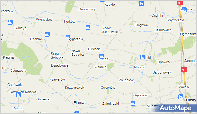 mapa Łubno gmina Daszyna, Łubno gmina Daszyna na mapie Targeo