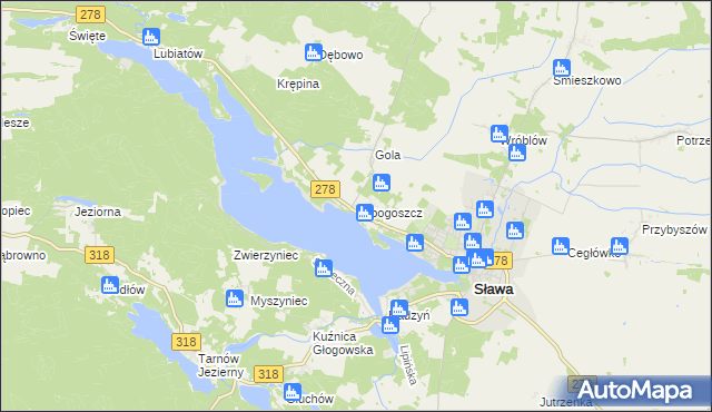 mapa Lubogoszcz gmina Sława, Lubogoszcz gmina Sława na mapie Targeo