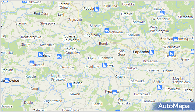 mapa Lubomierz gmina Łapanów, Lubomierz gmina Łapanów na mapie Targeo