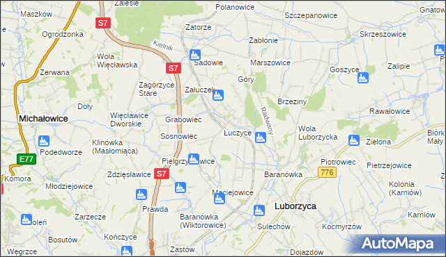 mapa Łuczyce gmina Kocmyrzów-Luborzyca, Łuczyce gmina Kocmyrzów-Luborzyca na mapie Targeo