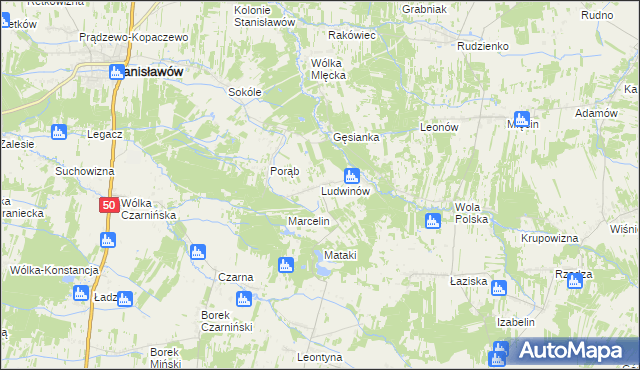 mapa Ludwinów gmina Jakubów, Ludwinów gmina Jakubów na mapie Targeo
